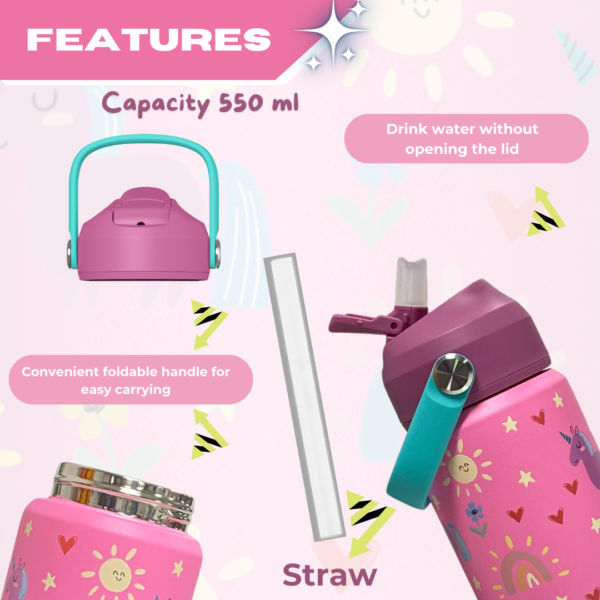 550ml Stainless Steel Pink Water Bottle for Kids